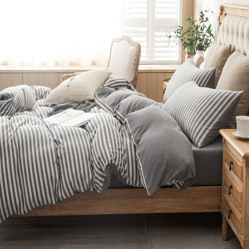 PURE ERA Jersey Knit Duvet Cover Set 100% T-Shirt Heather Cotton Super Soft Comfy Classic Striped Design, with Zipper Closure, Grey Stripe, Queen - Image 2